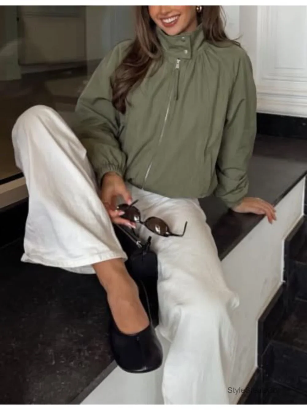 Oversized Funnel Neck Trench Coat with Zip Front and Snap Button